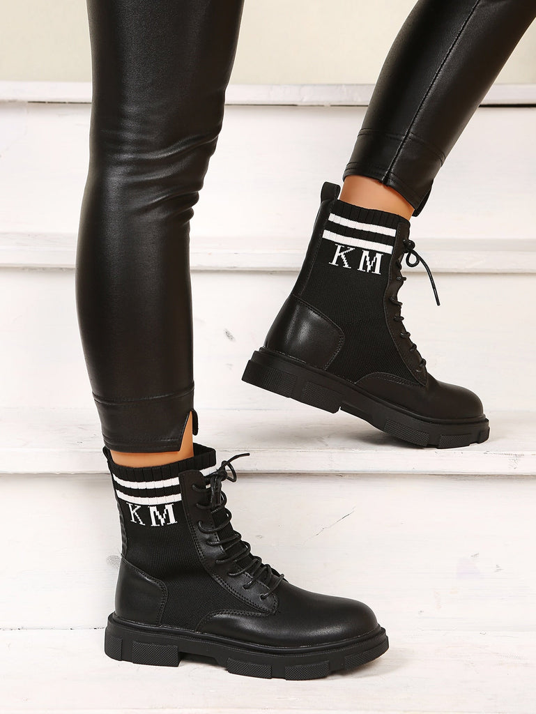 Bottes De Mode Femme Noir Avec Motif Lettre Et À Rayures Lacets Design Eur35