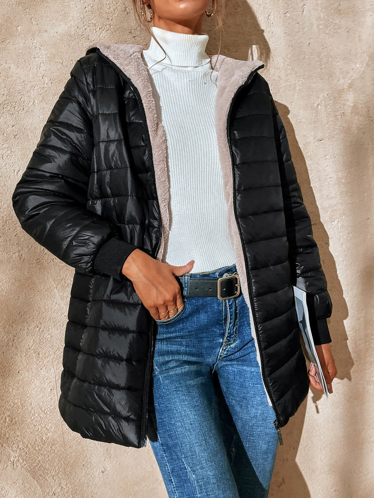 Manteau Dhiver Zippé À Doublure En Tissu Duveteux Capuche S / Noir