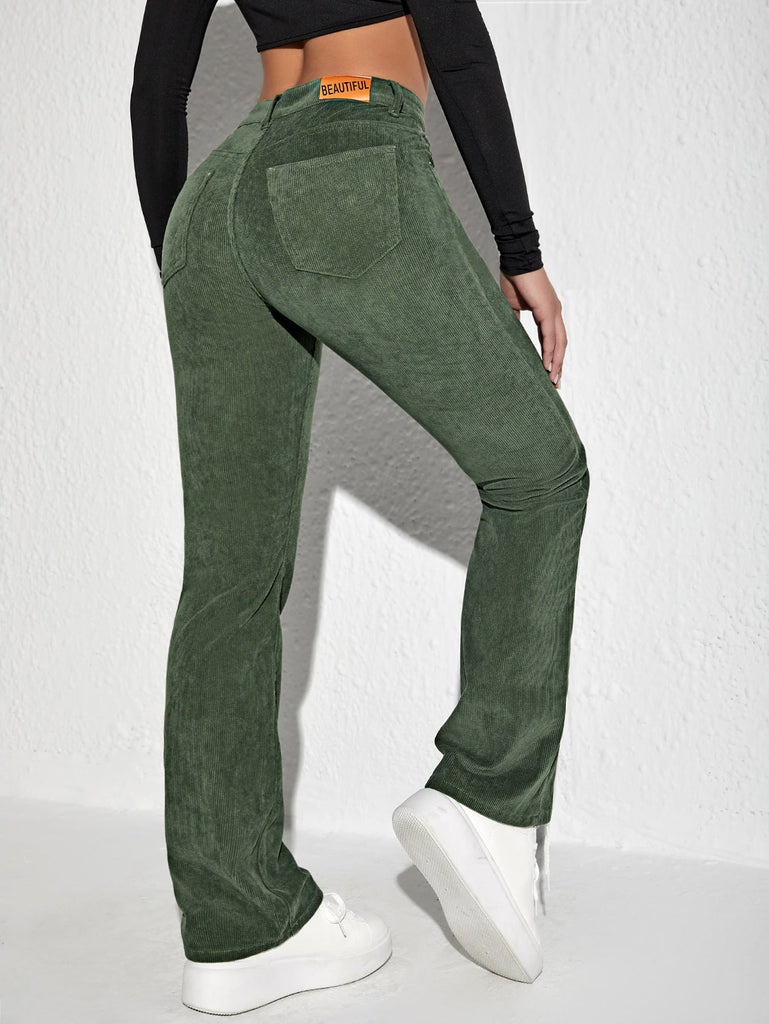 Pantalon À Applique Lettre Évasé En Velours Côtelé Xs / Militaire Verte