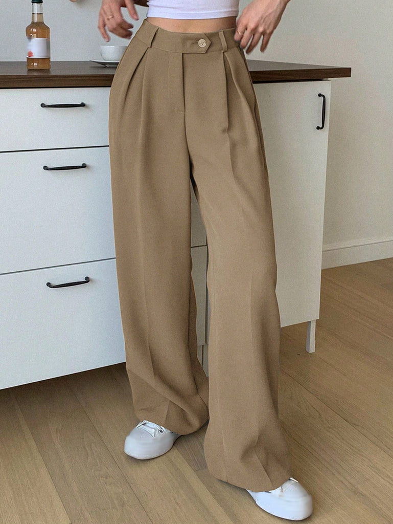 1 Pièce Pantalon Tailleur Taille Haute À Poches Xs / Kaki