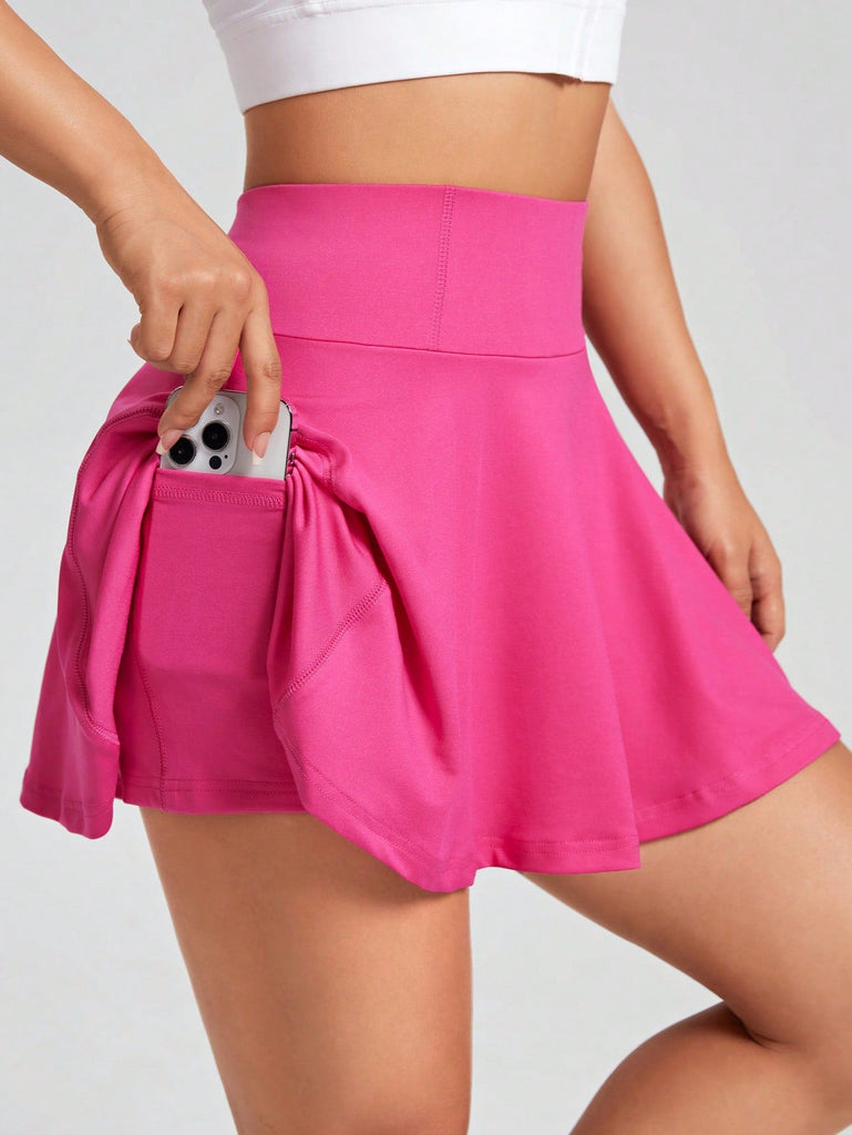 Jupe Unicolore Taille Haute Avec Poche Pour Téléphone Xs / Rose Vif