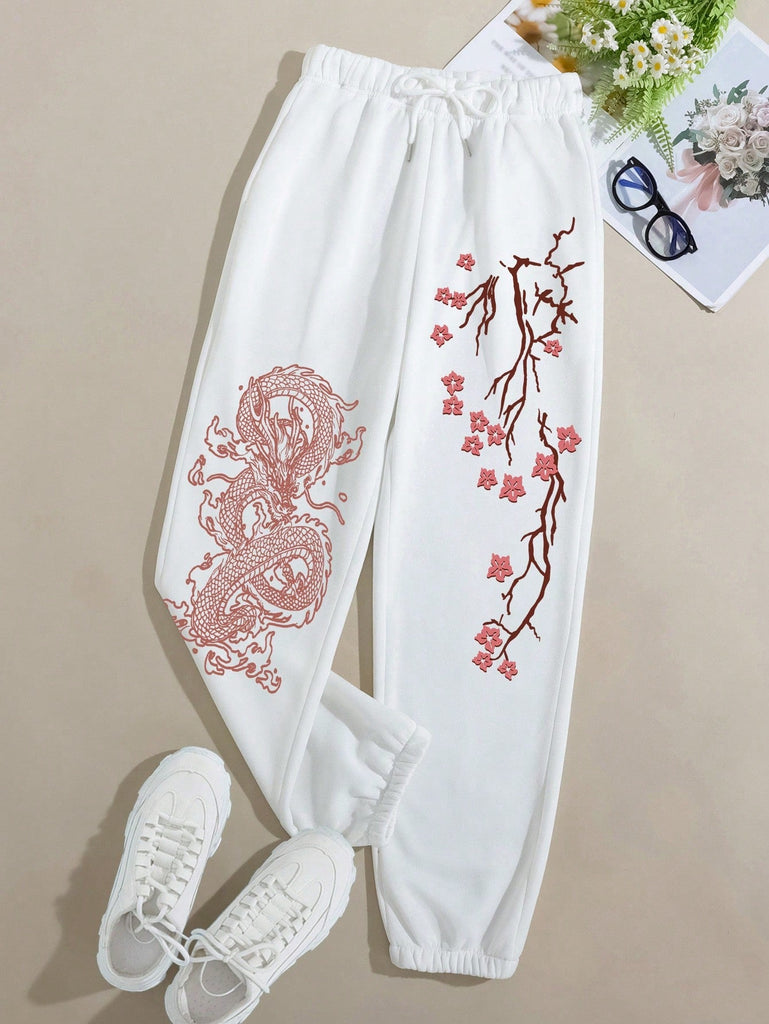 Pantalon De Survêtement Dragon Chinois & Imprimé Floral À Cordon Xs / Blanc